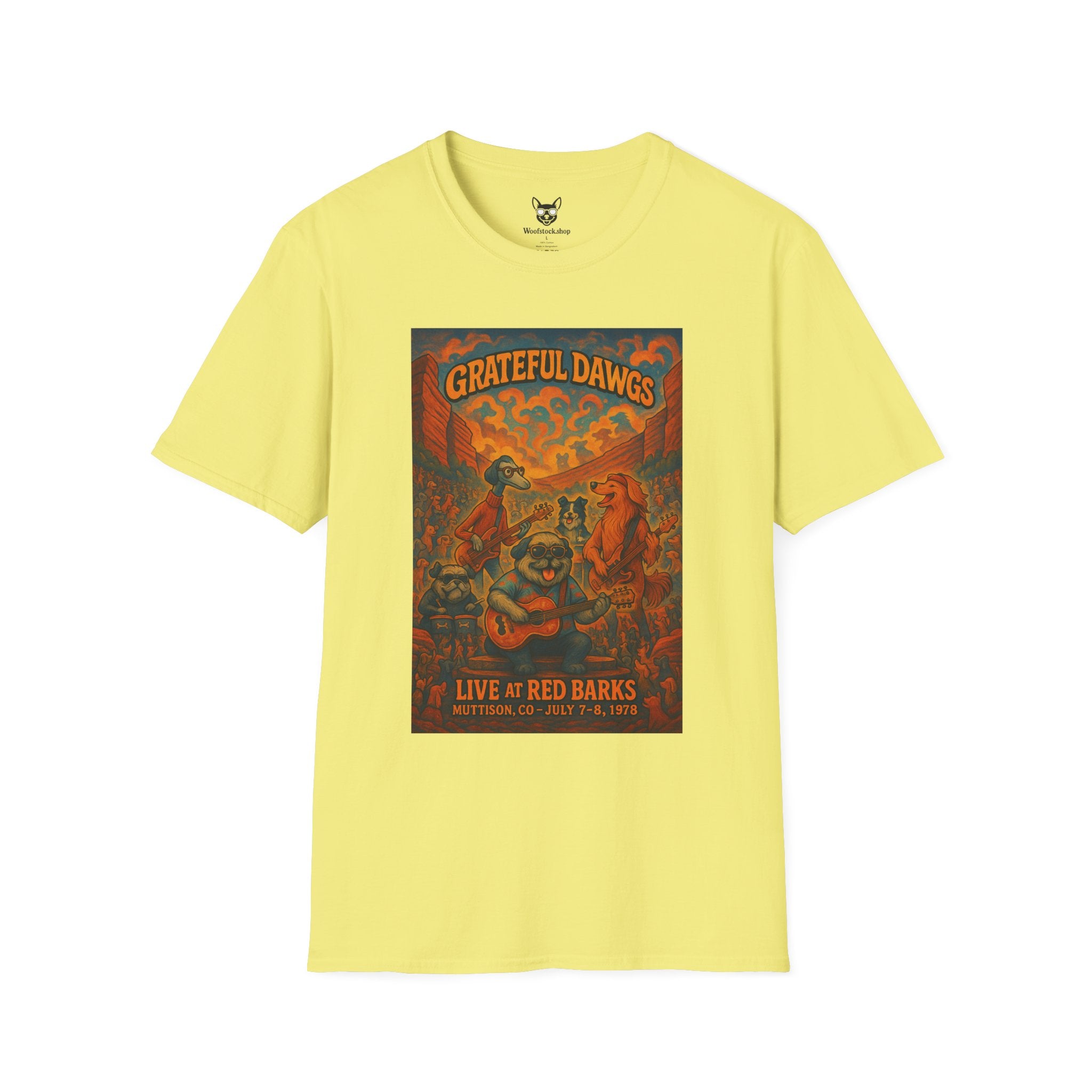 Grateful Dead Concert Poster Dog Parody Unisex Softstyle T-Shirt – Funny Tee for Music and Dog Lovers